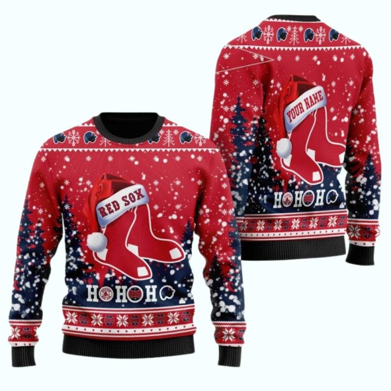 Personalized Boston Red Sox Santa Hat & Ho Ho Ho Christmas Sweatshirt
