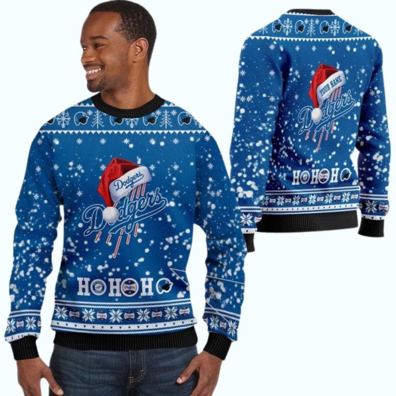 Personalized Los Angeles Dodgers Santa Claus Ugly Sweater - Ho Ho Ho Design
