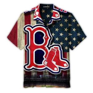 Red Sox Hawaiian Shirt with American Flag B Logo - Patriotic Style