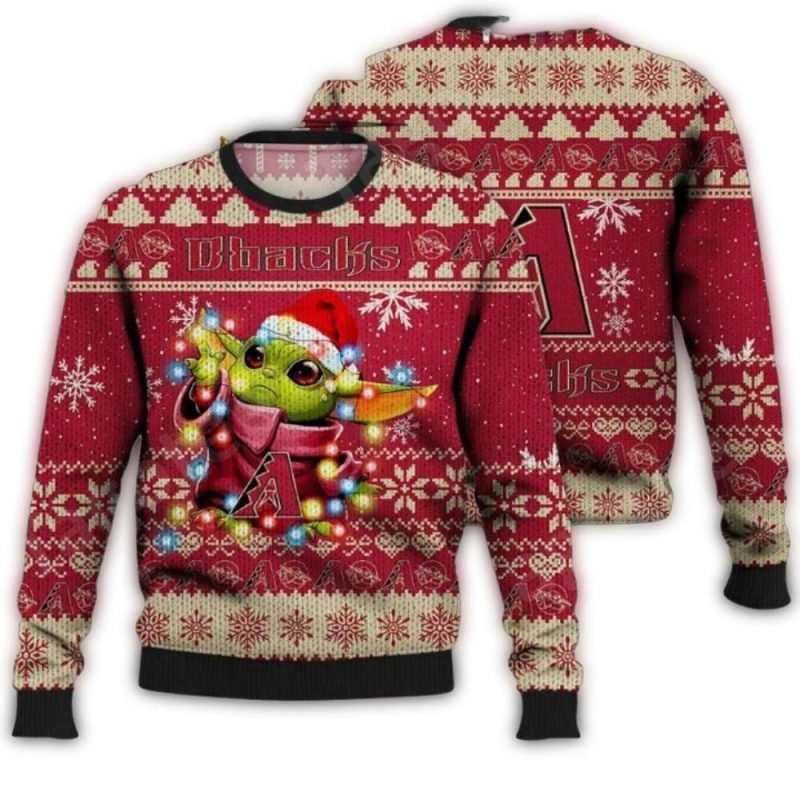 Arizona Diamondbacks Baby Yoda Christmas Lights Ugly Sweater 1