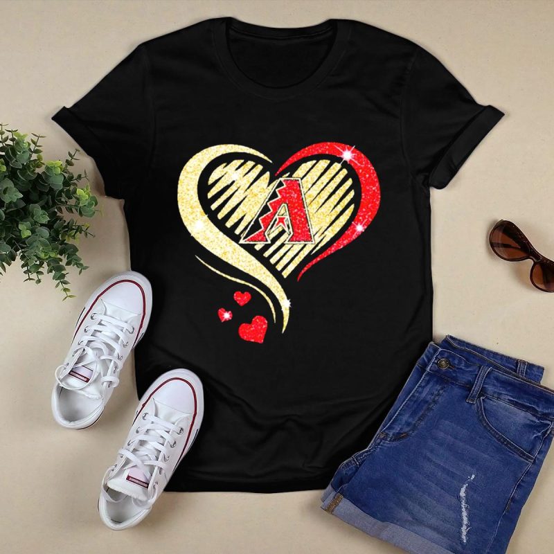Arizona Diamondbacks Glitter Heart Design with Team Logo in Gold and Red T Shirt t shirt 0