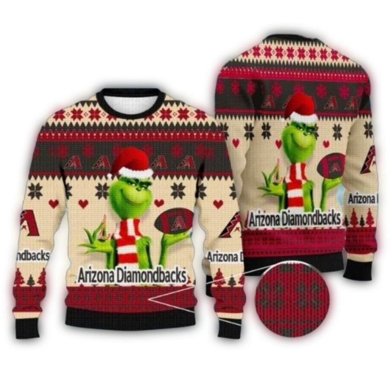 Arizona Diamondbacks Grinch With Hearts Cream Christmas Ugly Sweater 1