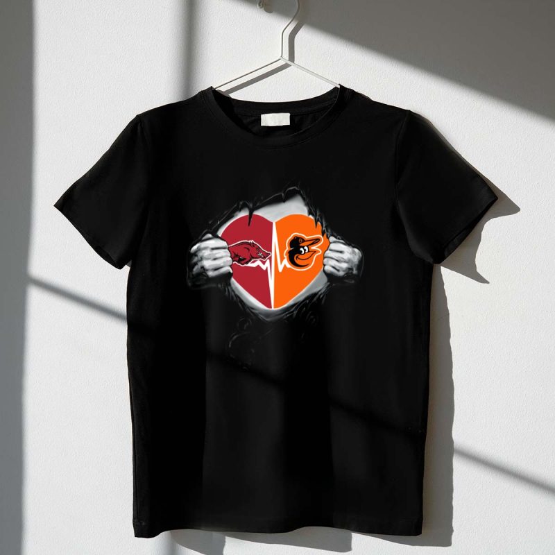 Arkansas Razorbacks Baltimore Orioles Heart Logos Pulled Open by Hands T Shirt t shirt 1 1