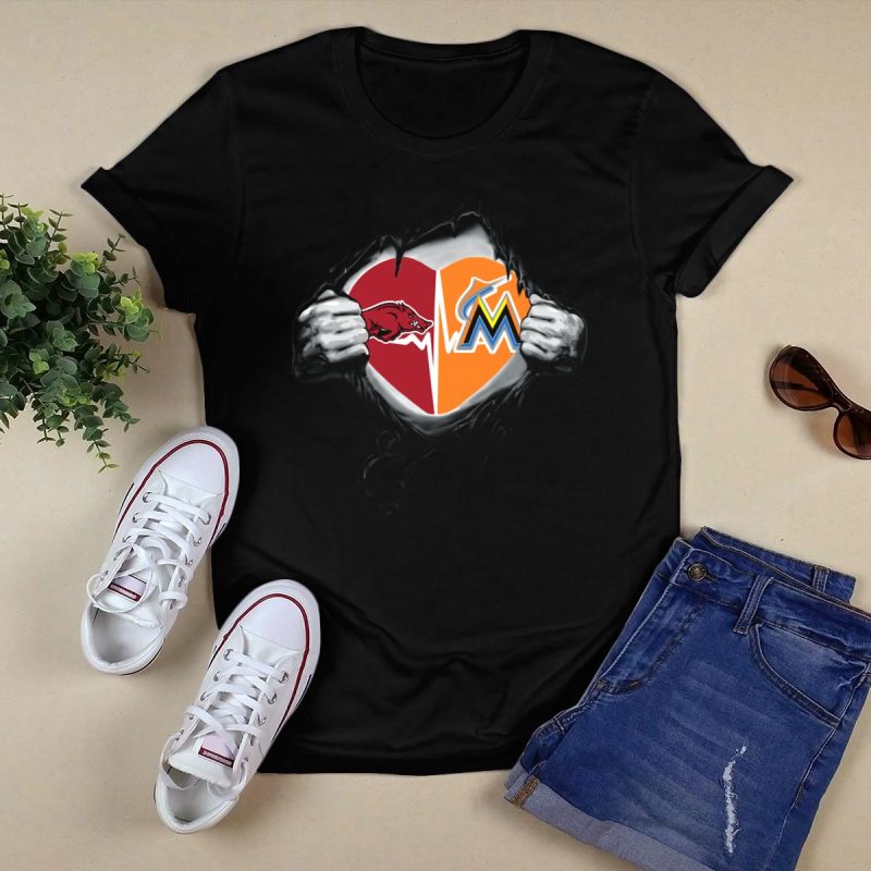 Arkansas Razorbacks Miami Marlins Heart Rip T Shirt Black 1