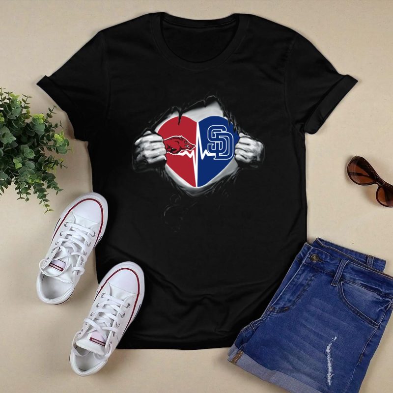 Arkansas Razorbacks San Diego Padres Heartbeat Fan Fusion T Shirt Black 1