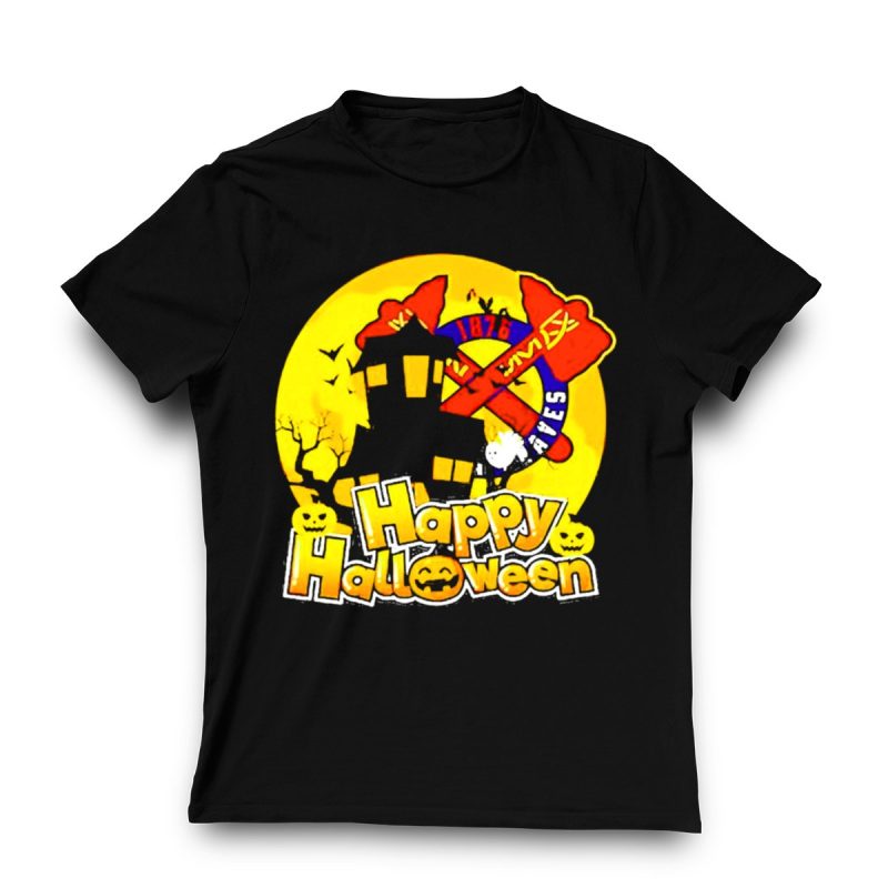 Atlanta Braves Happy Halloween Haunted House Pumpkins T-Shirt - Image 3