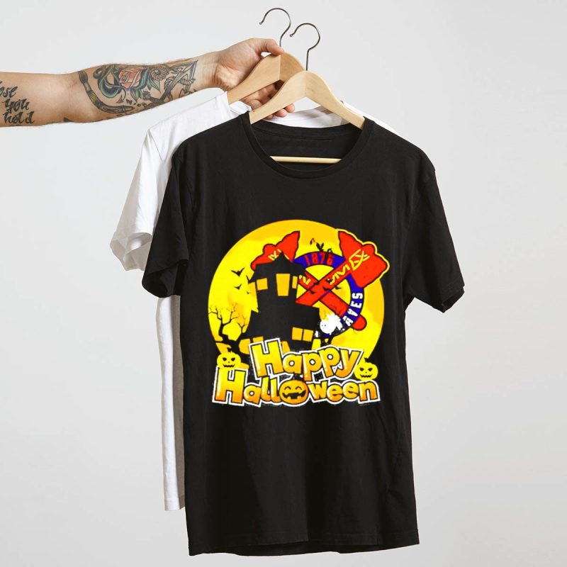 Atlanta Braves Happy Halloween Haunted House Pumpkins T-Shirt - Image 4