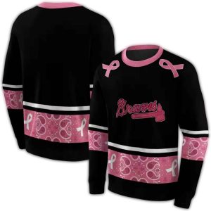 Atlanta Braves Awareness Ribbon Black & Pink All Over Print Sweatshirt