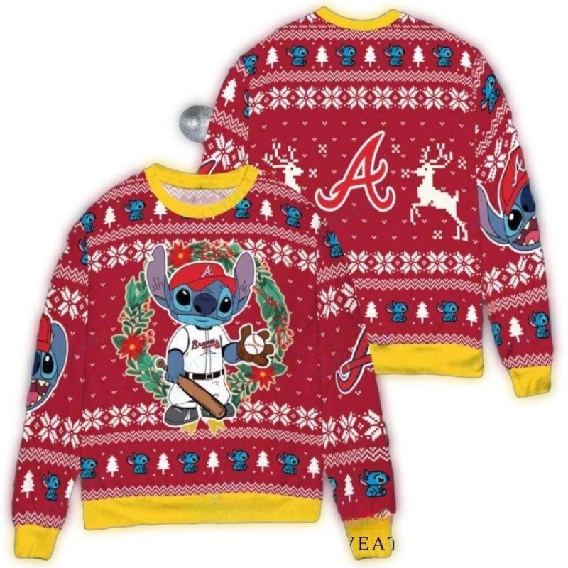 Atlanta Braves Christmas Wreath Ugly Sweater With Stitch Baseball Theme 1