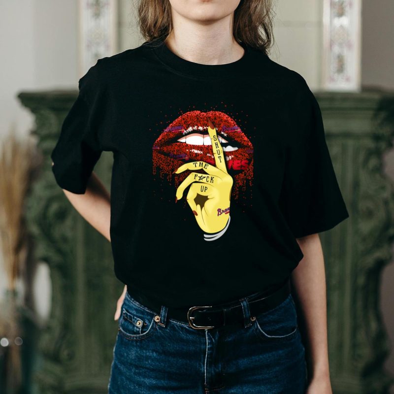 Atlanta Braves Glitter Lip Art T-Shirt – Shut Up Hand Gesture For Fans - Image 2