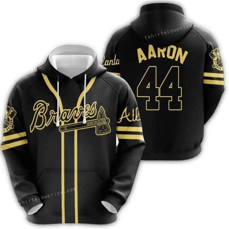 Atlanta Braves Hank Aaron 44 Great Player MLB Baseball Team Logo Black 3D Hoodie 1