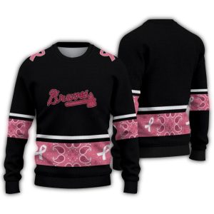 Atlanta Braves Pink Ribbon Black Ugly Sweater For Women