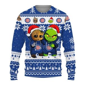 Baby Groot And Grinch Best Friends Wearing Chicago Cubs Ugly Sweater