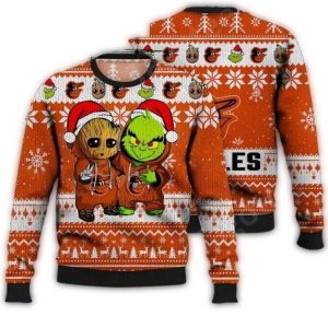 Baby Groot & Grinch Baltimore Orioles Christmas Ugly Sweater For Kids