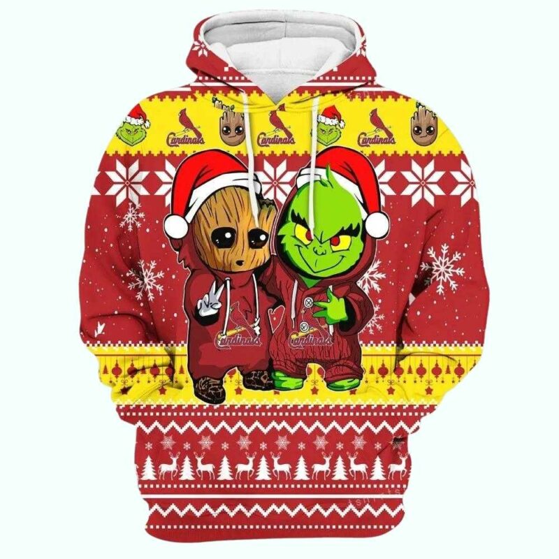 Baby Groot & Grinch St. Louis Cardinals Christmas Graphic Hoodie - Unisex - Image 2
