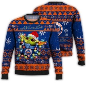 Baby Yoda Christmas Lights Ugly Sweater For Mets Fans