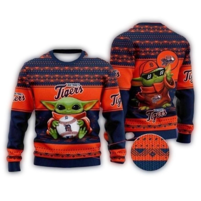 Baby Yoda Detroit Tigers Baseball Holiday Ugly Sweater 1
