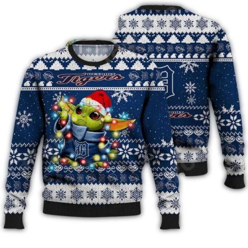 Baby Yoda Detroit Tigers Christmas Lights Ugly Sweater 1
