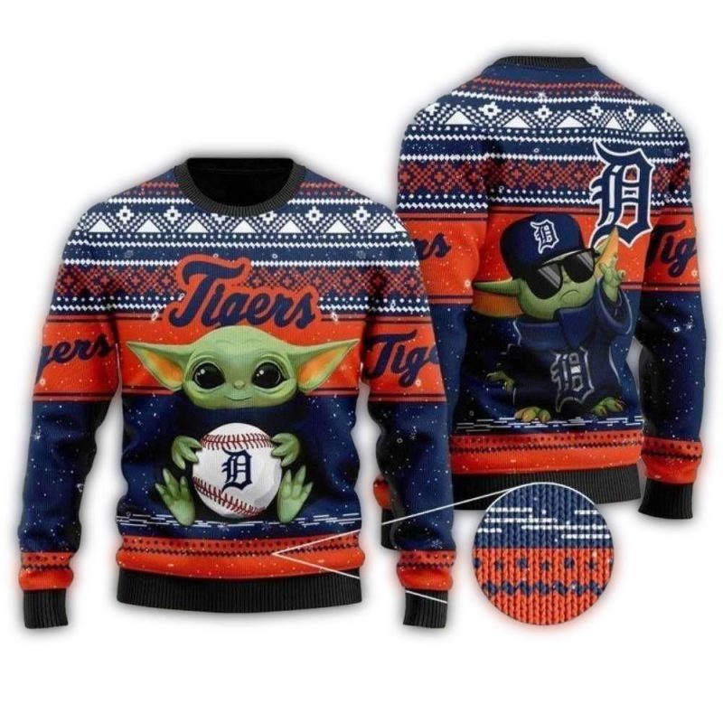 Baby Yoda Detroit Tigers Festive Celebration Ugly Sweater 1