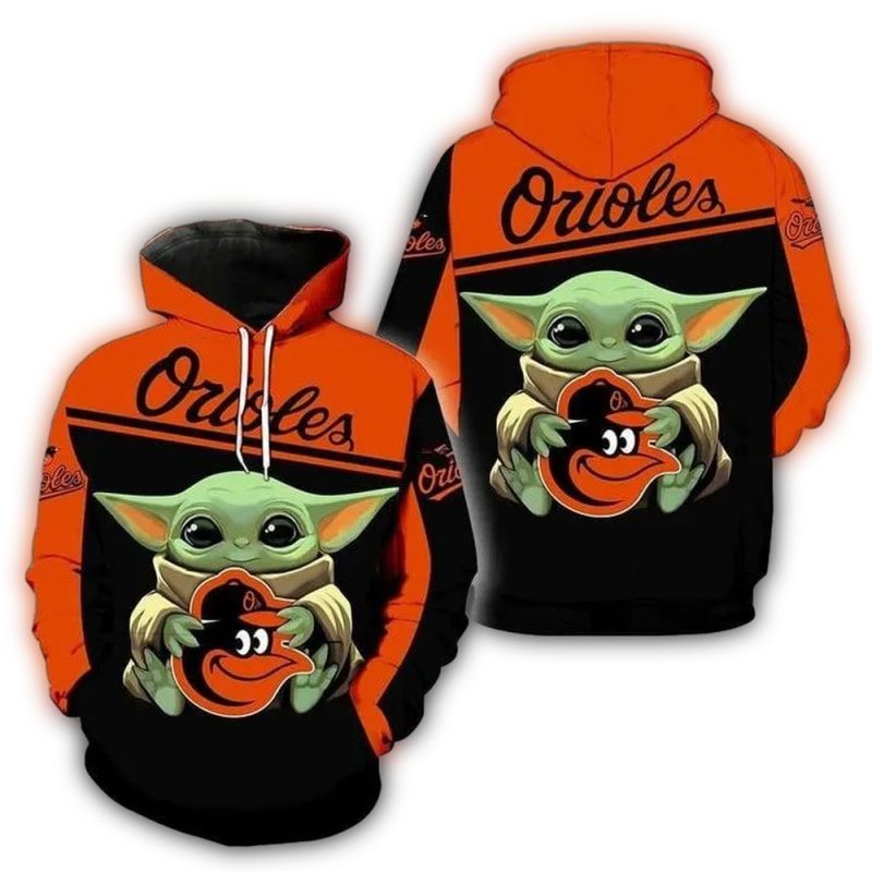 Baby Yoda Hold Logo Baltimore Orioles AOP Hoodie 1