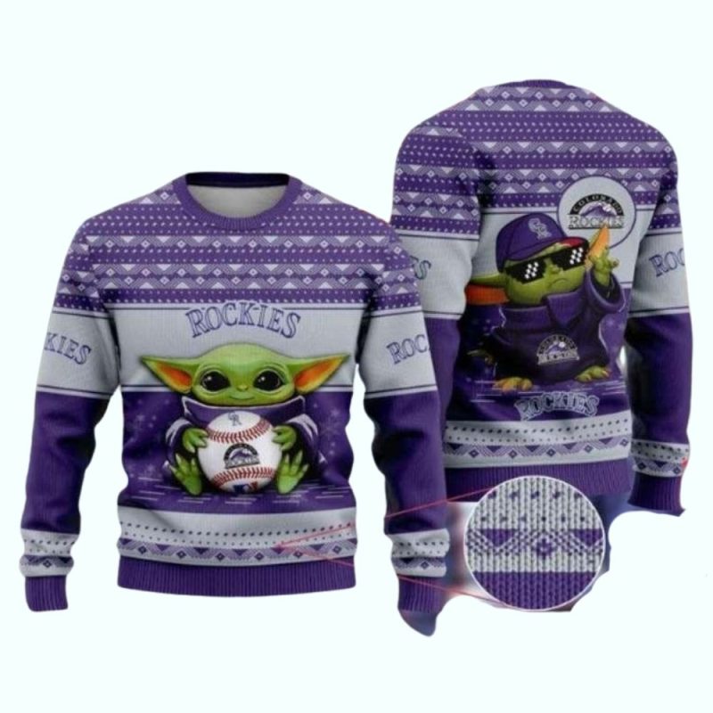 Baby Yoda Holding Baseball Colorado Rockies Ugly Sweater 1