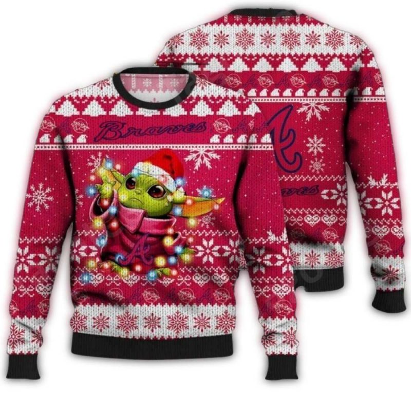 Baby Yoda Lights Atlanta Braves Ugly Christmas Sweater 1
