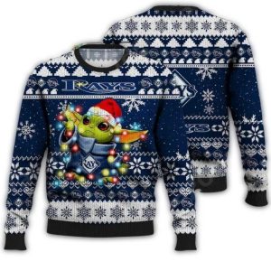Baby Yoda Tampa Bay Rays Christmas Lights Ugly Holiday Sweatshirt