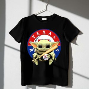 Baby Yoda Texas Rangers Baseball Fan T-Shirt With Bat And Ball Design
