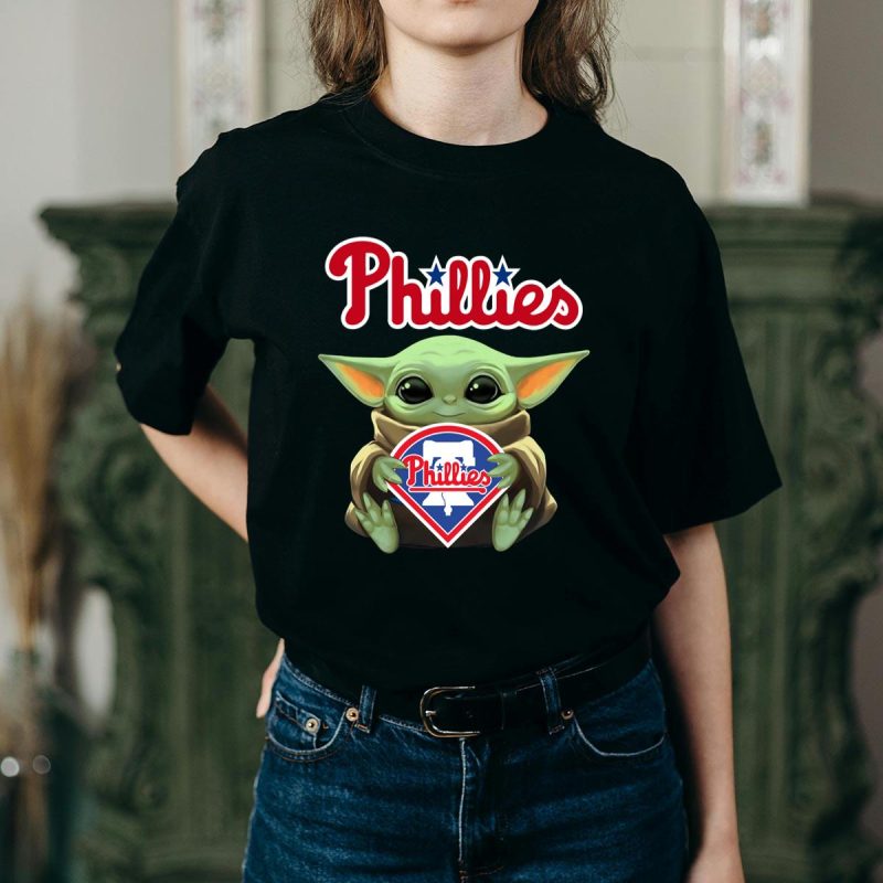 Baby Yoda Hug Philadelphia Phillies T-Shirt - Adorable Star Wars Tee - Image 2