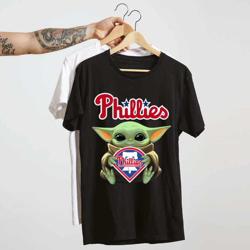 Baby Yoda Hug Philadelphia Phillies T-Shirt - Adorable Star Wars Tee - Image 4