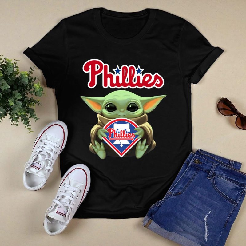Baby Yoda Hug Philadelphia Phillies T-Shirt - Adorable Star Wars Tee - Image 5