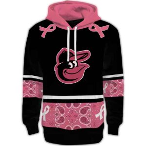 Baltimore Orioles Black & Pink Awareness Ribbon All Over Print Hoodie