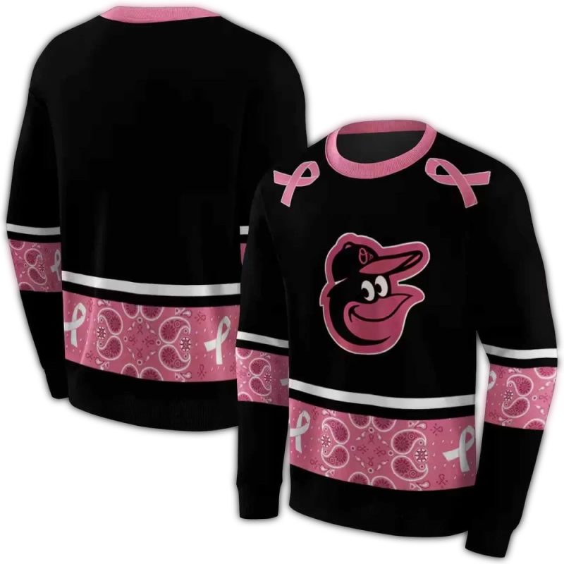 Baltimore Orioles Awareness Ribbon Black Pink Ugly Sweater 1