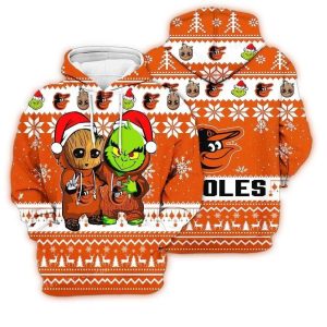 Baltimore Orioles Baby Groot & Grinch Friends All-Over Print Hoodie