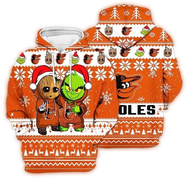 Baltimore Orioles Baby Groot And Grinch Best Friends AOP Hoodie 1