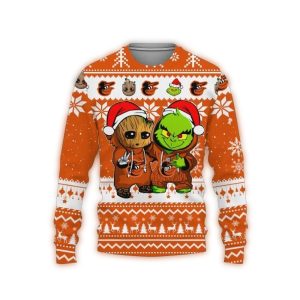 Baltimore Orioles Baby Groot & Grinch Ugly Christmas Sweater For Kids