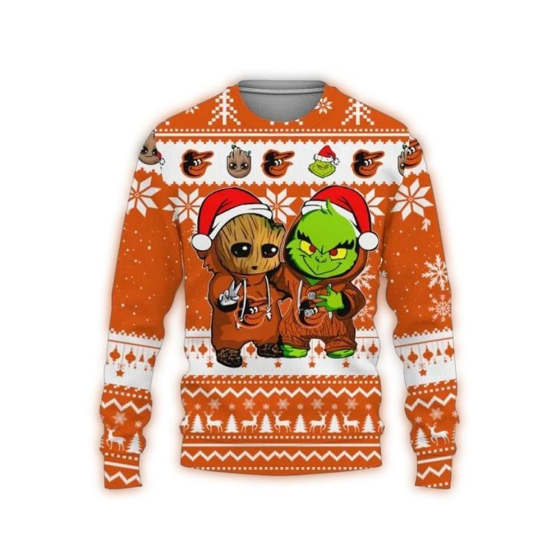 Baltimore Orioles Baby Groot And Grinch Best Friends Ugly Christmas Sweater 1