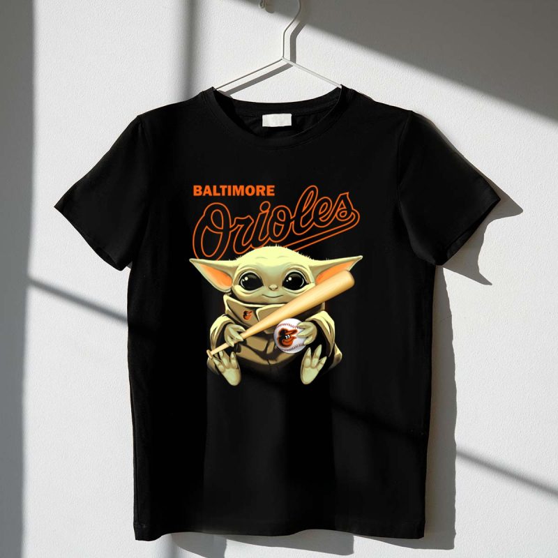 Baltimore Orioles Baby Yoda Holding Baseball and Bat T Shirt t shirt 1 1