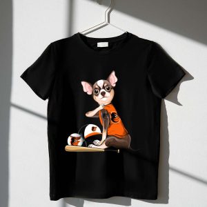 Baltimore Orioles Chihuahua Baseball Fan T-Shirt With Bat & Helmet Design