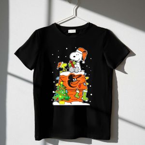 Baltimore Orioles Christmas T-Shirt Featuring Snoopy, Woodstock, And Santa Hat