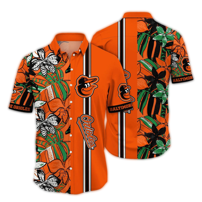 Baltimore Orioles Flower Leafs Stripes Tropical Hawaiian Shirt 1