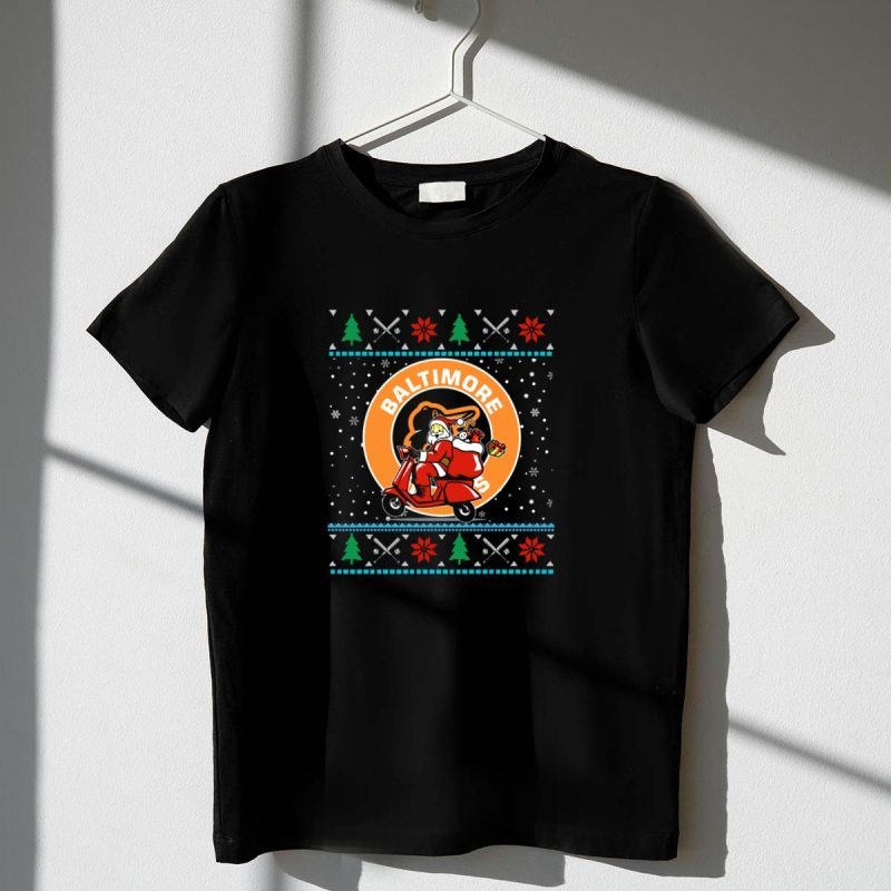 Baltimore Orioles Funny Christmas Santa and Reindeer Riding Scooter Holiday T Shirt t shirt 1 1