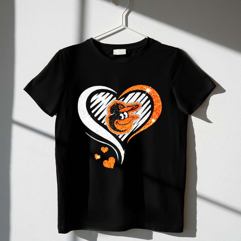 Baltimore Orioles Heart Shaped Logo with Orange Glitter Diamond T Shirt t shirt 1 1