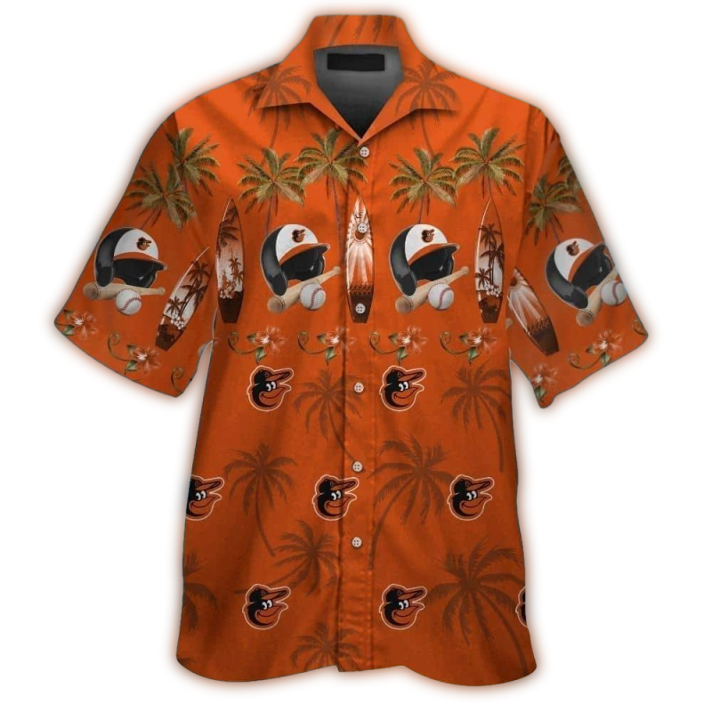 Baltimore Orioles Helmet Surf and Coconut Pattern Hawaiian Shirt 1