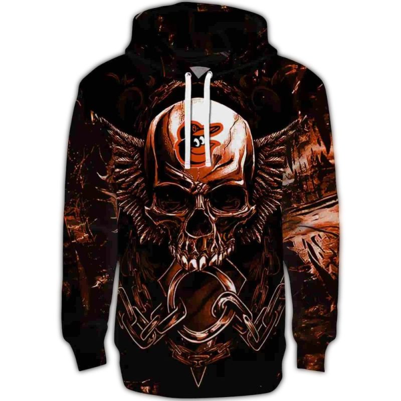 Baltimore Orioles Skull Artwork Orange Black AOP Hoodie 1
