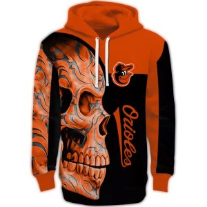Baltimore Orioles Skull Design All-Over Print Hoodie For Fans