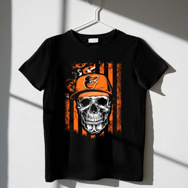 Baltimore Orioles Skull with Logo Cap T Shirt t shirt 1 1
