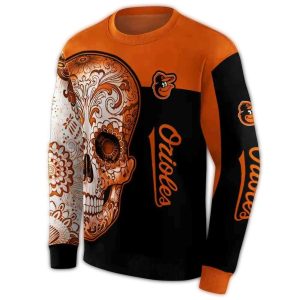 Baltimore Orioles Sugar Skull Sweatshirt - Festive Ugly Sweater Design