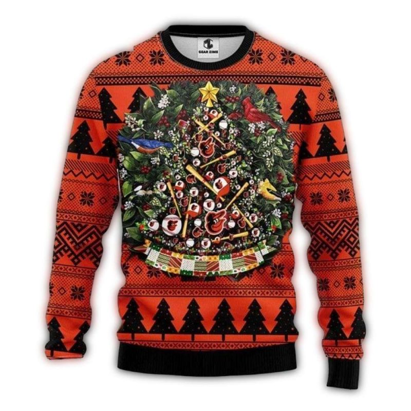 Baseball Xmas Tree Baltimore Orioles Ugly Sweater 1