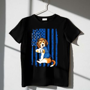 Beagle In Los Angeles Dodgers T-Shirt With I Love Mom Tattoo Design